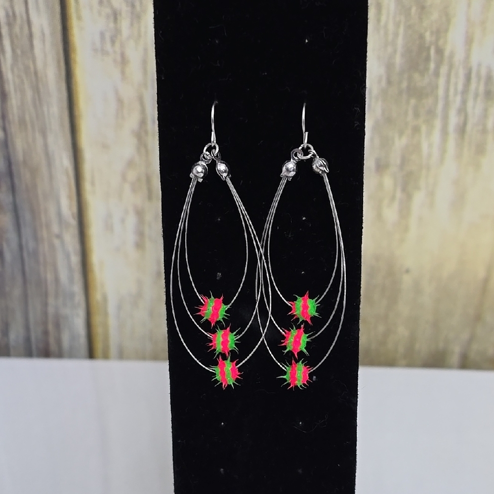 Fun Silver, Pink & Green Spiky Dangle Earrings